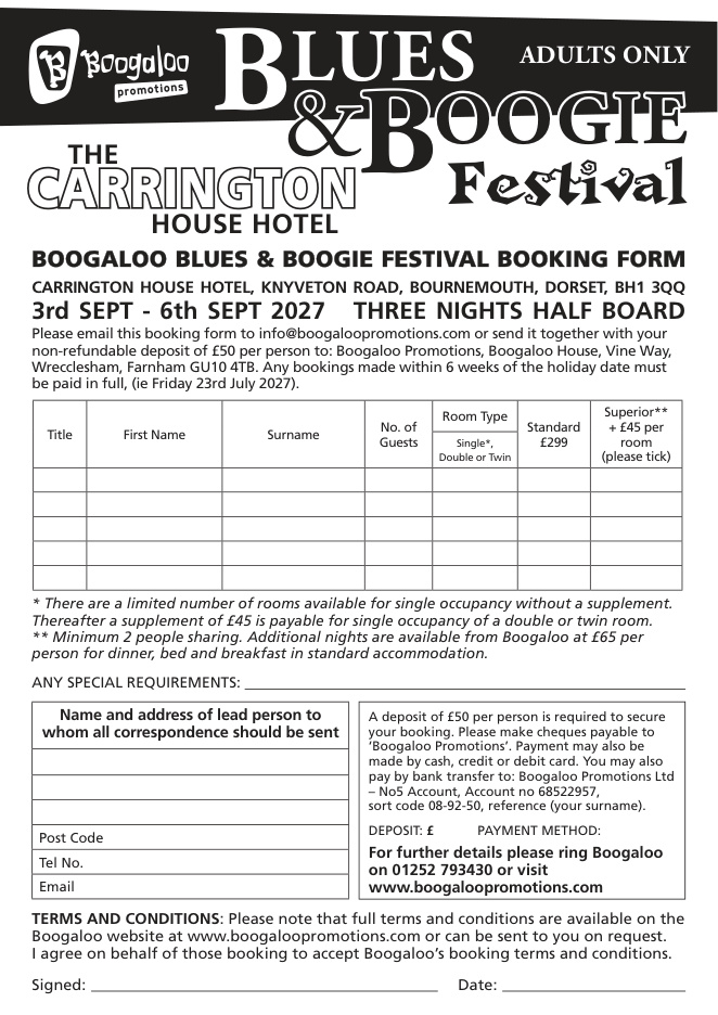 Blues & Boogie Double Festival (2-4-1) at the Carrington House Hotel, Bournemouth